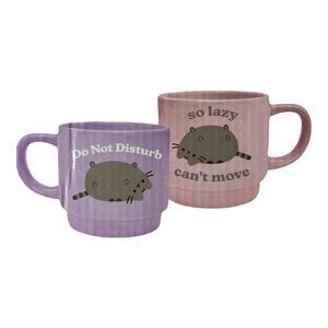 Pusheen The Cat Set of Stackable Ceramic Mugs with Coasters Gift Set Pink Green